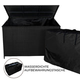 Schwarze Rattan Kissenbox mit Wasserabweisendem Material, großzügigem Stauraum und einem eleganten, geflochtenen Design für den Außenbereich