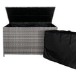 Grau geflochtene Rattan Kissenbox mit schwarzem Innenfutter, offen für einfachen Zugriff, ideal zur Aufbewahrung von Kissen und Gartenaccessoires