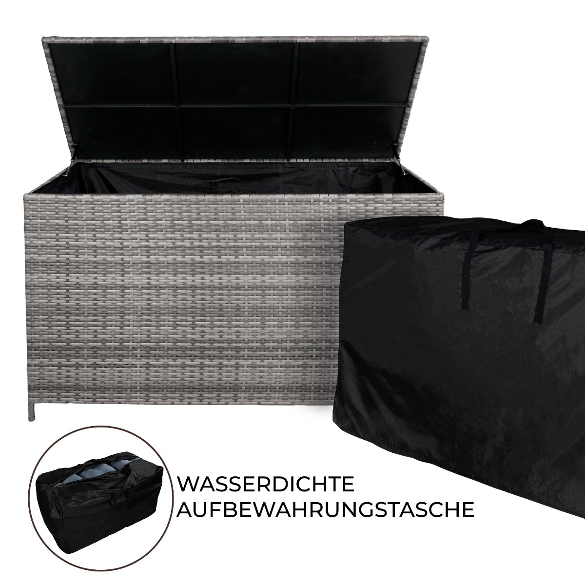 Grau geflochtene Rattan Kissenbox mit wasserdichter Aufbewahrungstasche, ideal für die Aufbewahrung von Kissen und Gartenaccessoires