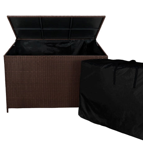 Braune Rattan Kissenbox mit einem stabilen Deckel, innen schwarz gefüttert, ideal zur Aufbewahrung von Kissen und Gartenaccessoires