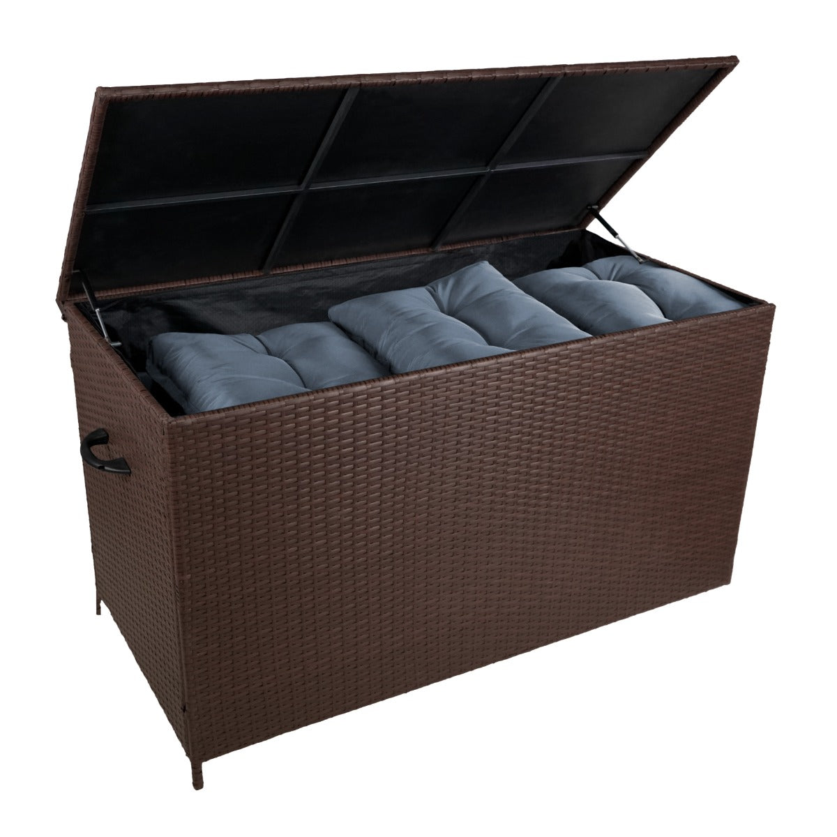 Braune Rattan Kissenbox mit offenem Deckel, gefüllt mit grauen Kissen, strukturierte Oberfläche und praktische Griffe für einfachen Transport