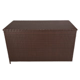 Braune Rattan Kissenbox mit geflochtener Oberfläche, rechteckiger Form und stabiler Struktur, ideal zur Aufbewahrung von Gartenkissen und Zubehör