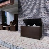 Braune Rattan Kissenbox mit aufklappbarem Deckel, ideal für die Aufbewahrung von Kissen, robustes Material, passt perfekt zu modernen Außenbereichen