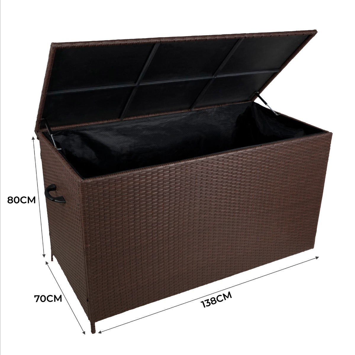 Braune Rattan Kissenbox mit offenem Deckel, rechteckig, geflochtene Textur, ideal zur Aufbewahrung von Kissen und Gartenutensilien, Maße 138x70x80 cm