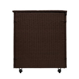 Braune Rattan Kissenbox mit geflochtener Textur, rechteckiger Form und praktischen Rollen für einfache Mobilität, ideal für Gartenmöbel