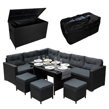 Schwarze Rattan Eckgarnitur mit bequemen, grauen Kissen, dazu eine praktische Kissenbox und ein eleganter Tisch, ideal für den Außenbereich