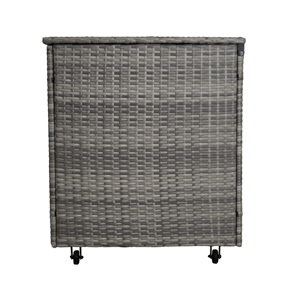 Graue Rattan Eckgarnitur mit Kissenbox, geflochtenes Design, robuste Struktur, ideal für den Außenbereich, vielseitig und stilvoll