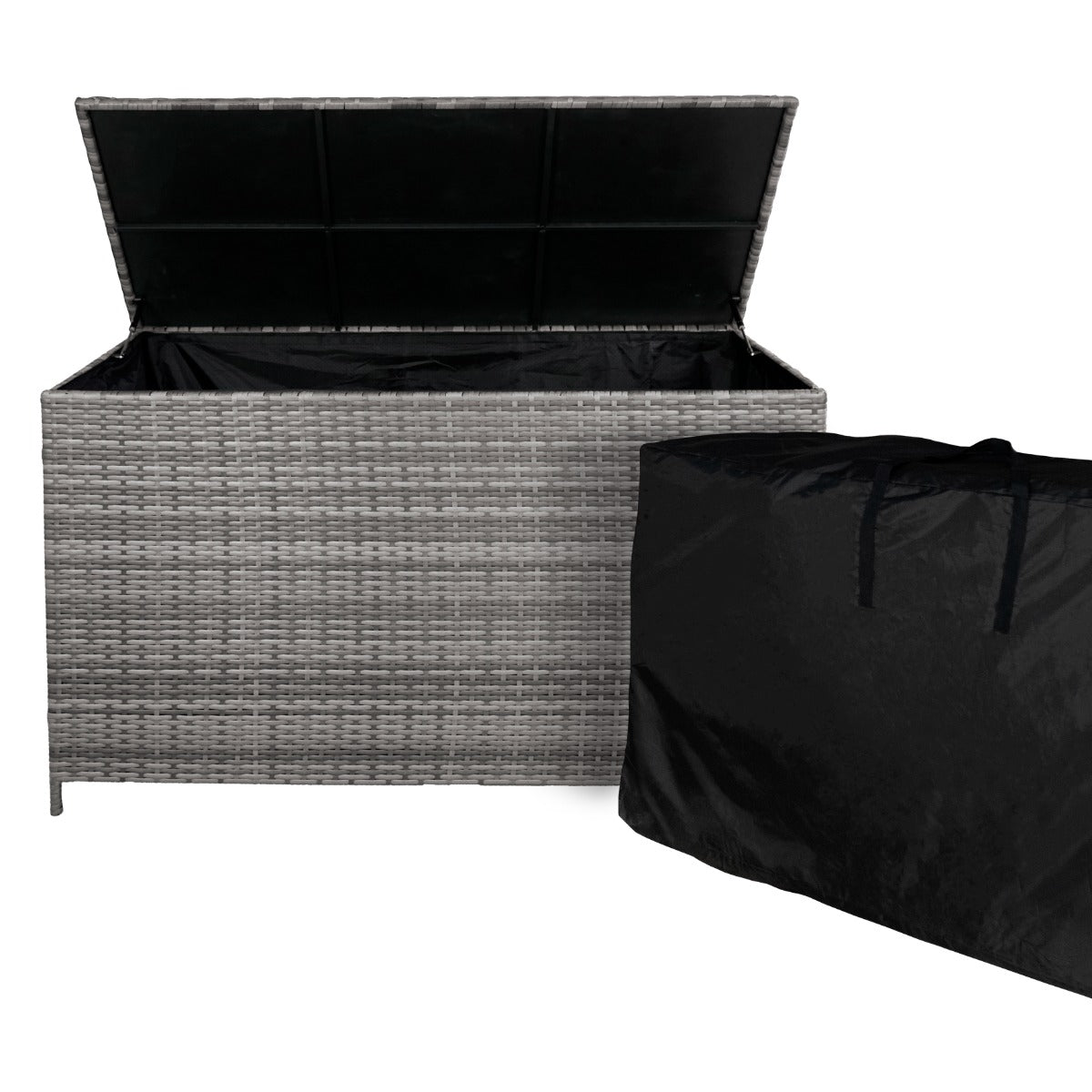 Grau geflochtene Rattan-Kissenbox mit einem offenen Deckel, daneben eine schwarze Schutzhülle, ideal für die Aufbewahrung von Gartenkissen