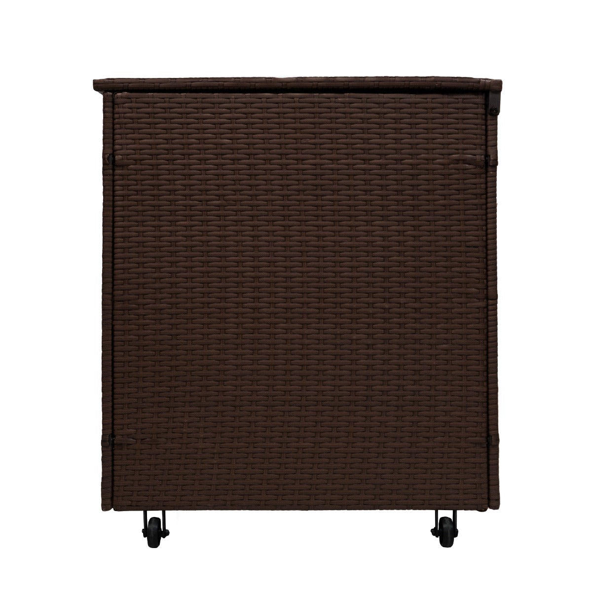 Braune Rattan Eckgarnitur mit Kissenbox, geflochtene Textur, robuste Bauweise, ideal für den Außenbereich, mit praktischen Rollen für Mobilität