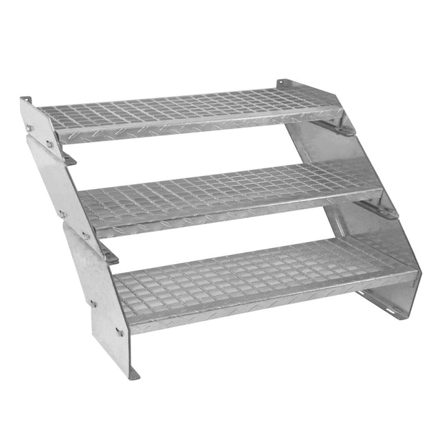 Verstellbare dreiteilige Treppe aus verzinktem Stahl, 900 mm breit, mit rutschfester, strukturierten Oberfläche und stabiler, dreistufiger Konstruktion