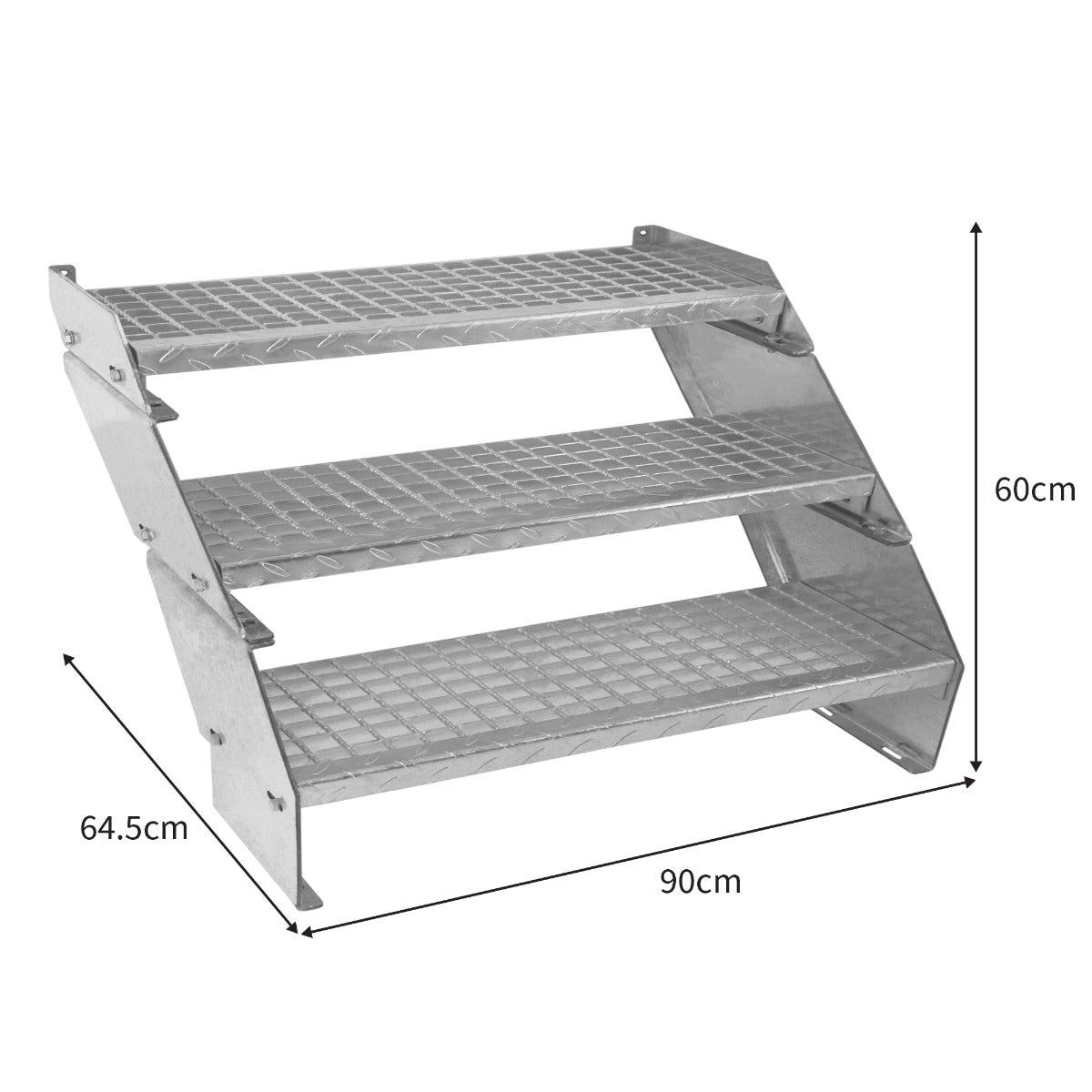 Verstellbare dreiteilige Treppe aus verzinktem Stahl, 900 mm breit, mit rutschfesten, strukturierten Stufen und robustem, silbernem Finish