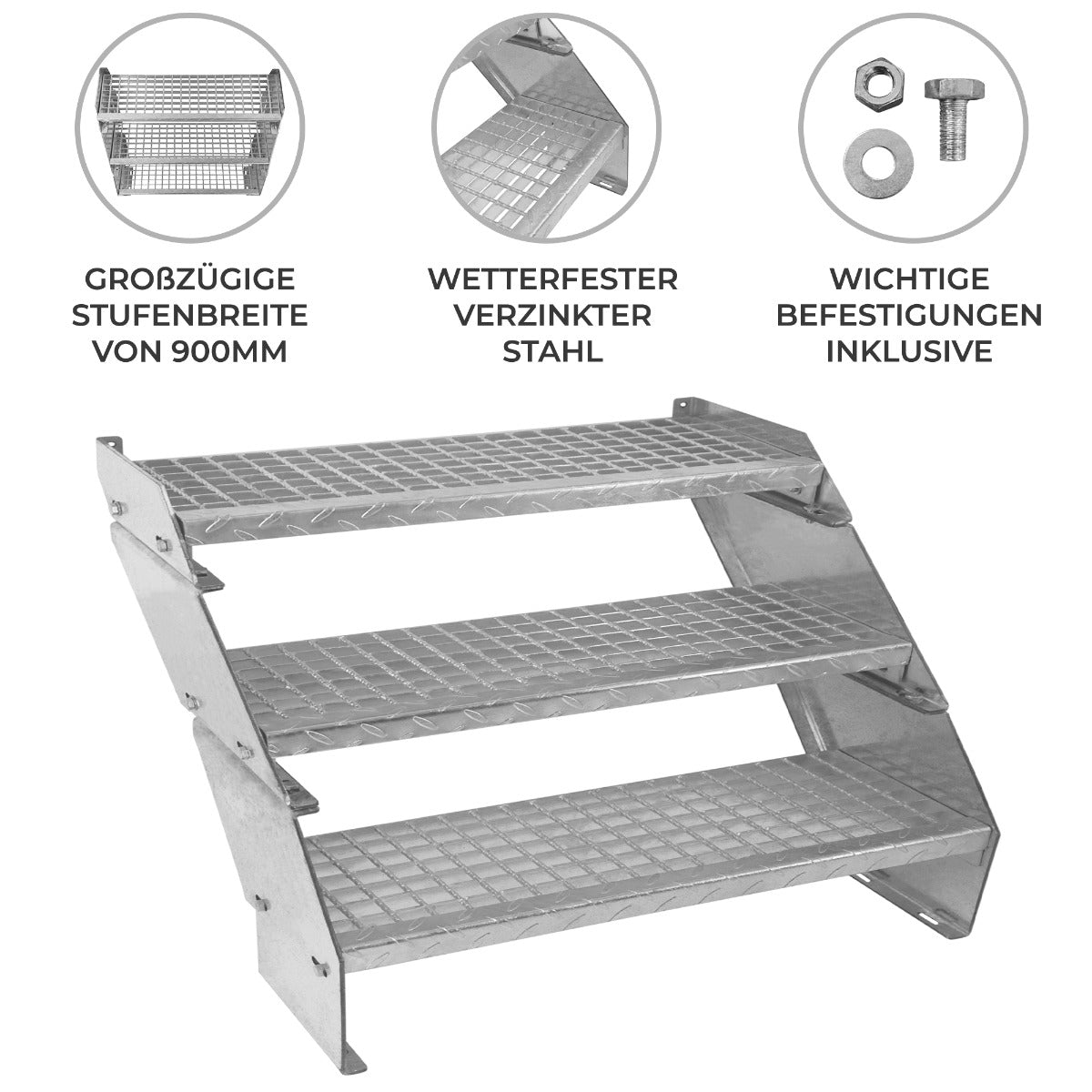Verstellbare dreiteilige Treppe aus wetterfestem, verzinktem Stahl mit großzügigen, rutschfesten Stufen und stabiler Bauweise, ideal für den Außenbereich