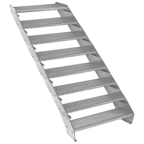 Verstellbare, achtteilige Treppe aus verzinktem Stahl, 900 mm breit, mit rutschfester Oberfläche und stabiler Konstruktion für sicheren Zugang