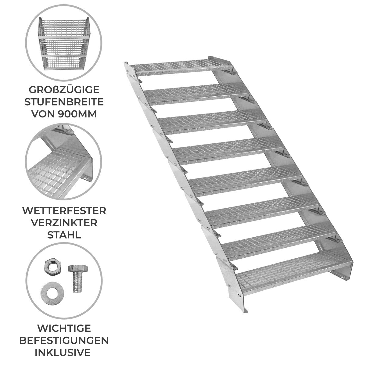 Verstellbare Treppe aus wetterfestem, verzinktem Stahl mit großzügigen Stufenbreiten von 900 mm, ideal für sichere Zugänge und Anwendungen