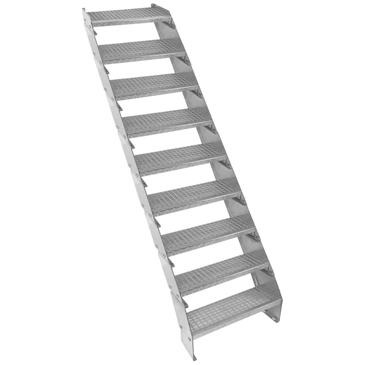 Verstellbare Treppe aus verzinktem Stahl, 600 mm breit, mit rutschfesten, strukturierten Stufen und stabiler, schräger Bauweise für sicheren Zugang