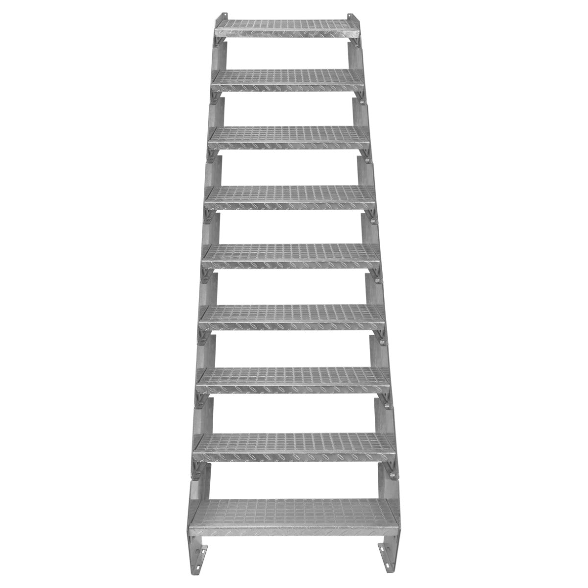 Verstellbare Treppe aus verzinktem Stahl mit neun Stufen, 600 mm breit, rutschfeste Oberfläche und robuste Konstruktion für sicheren Zugang