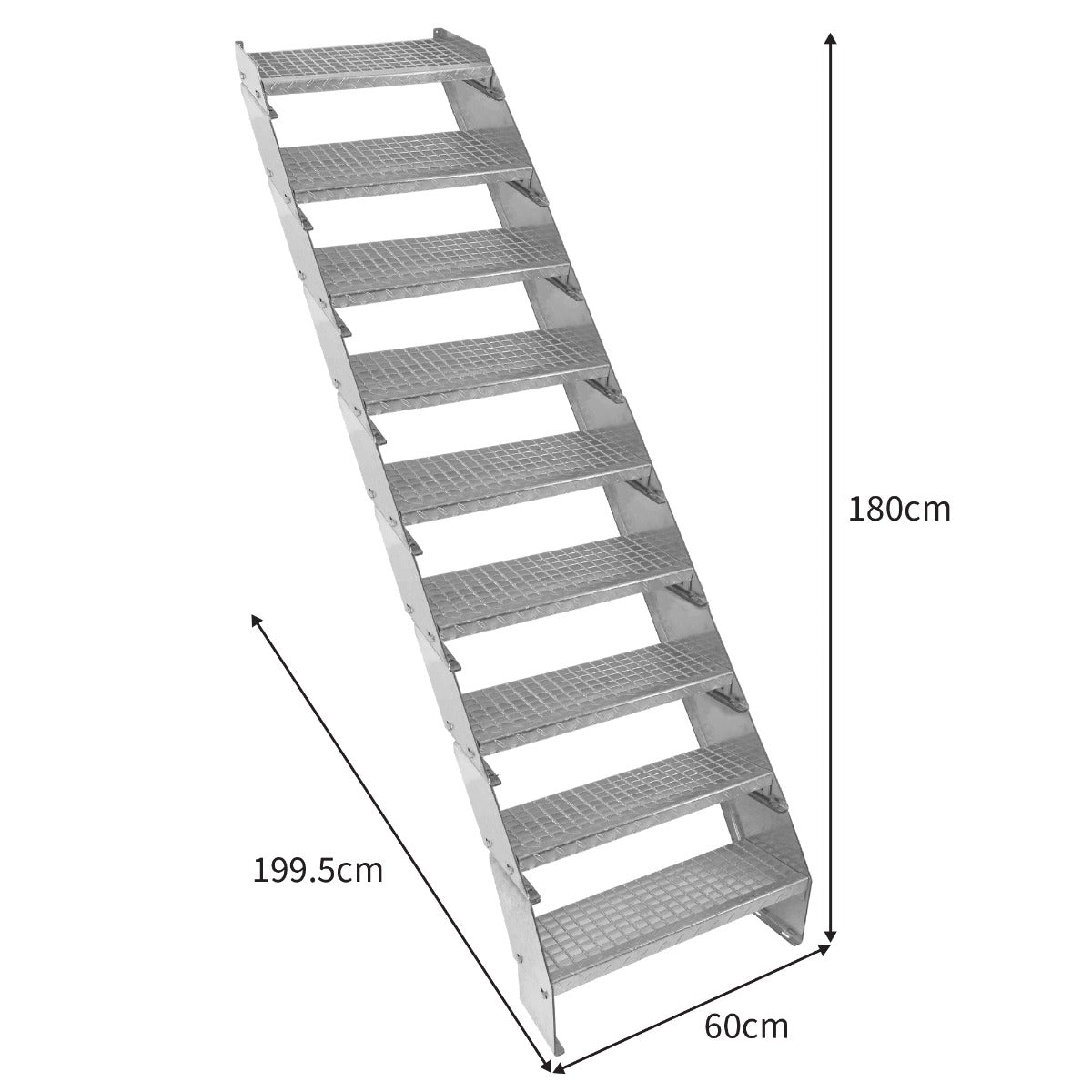 Verstellbare Treppe aus verzinktem Stahl mit neun Stufen, 600 mm breit, rutschfester Oberfläche und stabiler Konstruktion, ideal für den Innen- und Außenbereich