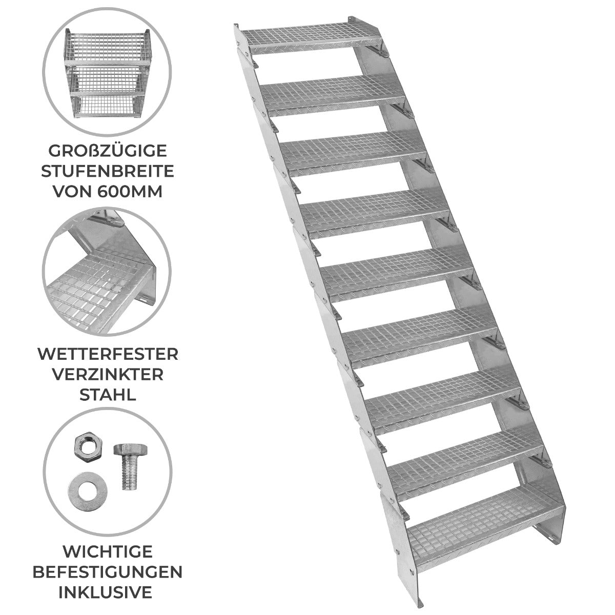 Verstellbare Treppe aus wetterfestem, verzinktem Stahl mit großzügigen, rutschfesten Stufen und stabiler Konstruktion, 600 mm breit