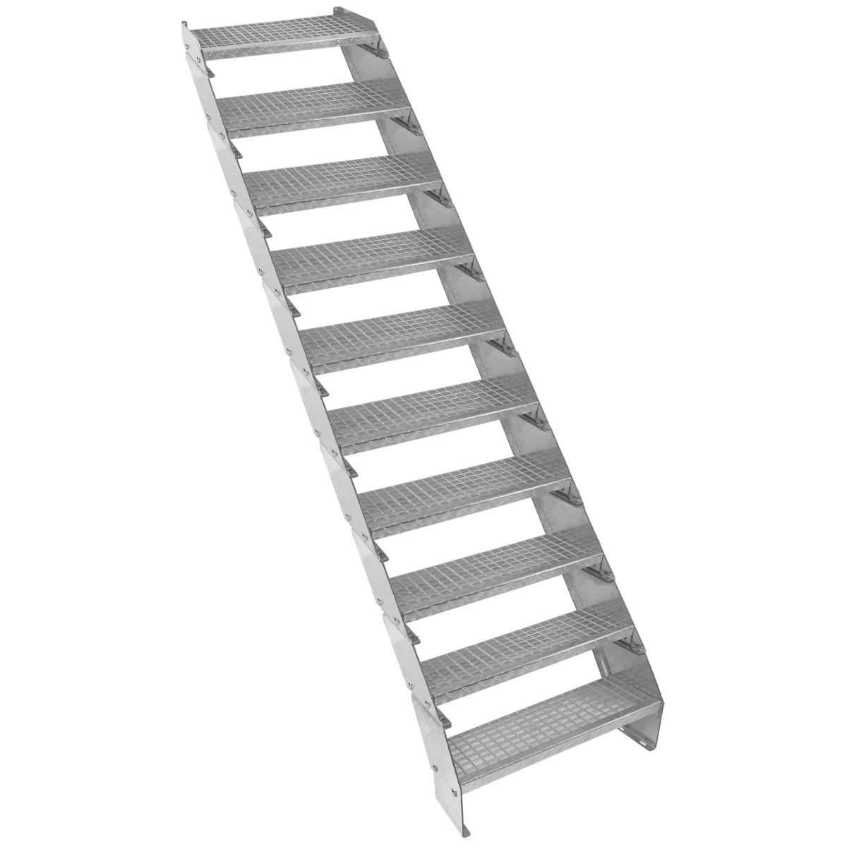 Verstellbare Treppe aus verzinktem Stahl mit zehn Stufen, 600 mm breit, rutschfeste Oberfläche und robuste Konstruktion für Sicherheit und Langlebigkeit