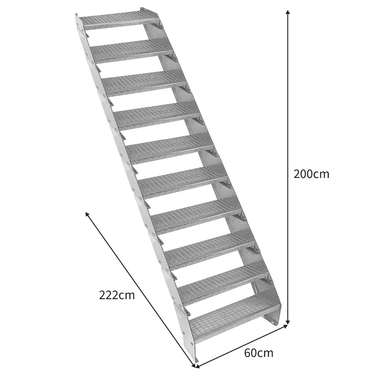 Verstellbare Treppe aus verzinktem Stahl mit zehn Stufen, 600 mm breit, rutschfester Oberfläche, ideal für sichere Zugänge und platzsparende Lösungen