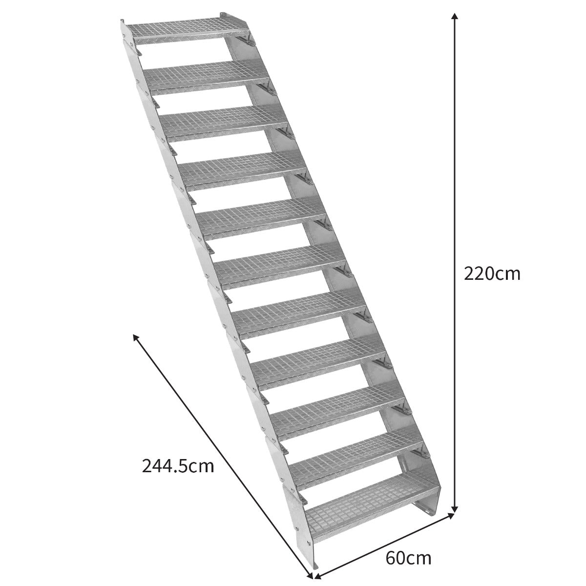 Verstellbare, elfteilige Treppe aus verzinktem Stahl, 600 mm breit, mit rutschfesten Stufen und robustem, langlebigem Design in silberner Farbe