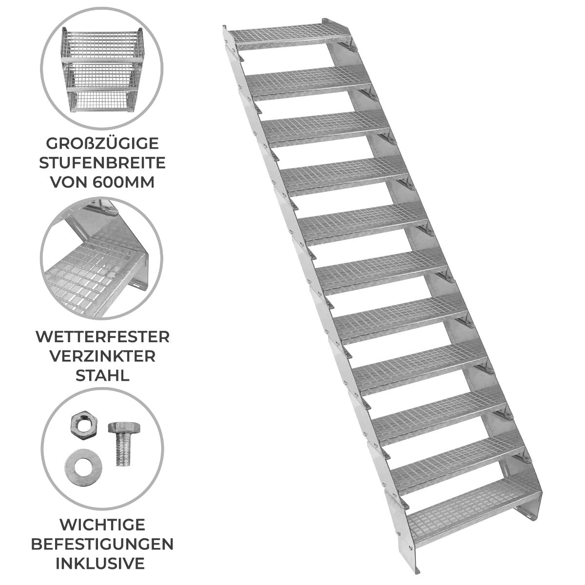 Verstellbare, elfteilige Treppe aus wetterfestem, verzinktem Stahl mit großzügigen, rutschfesten Stufen und stabiler Bauweise, 600 mm breit