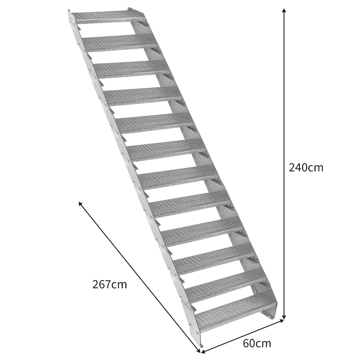 Verstellbare, verzinkte Stahltreppe mit 12 Stufen, 600 mm breit, rutschfeste Oberfläche, robustes Design, ideal für verschiedene Anwendungen