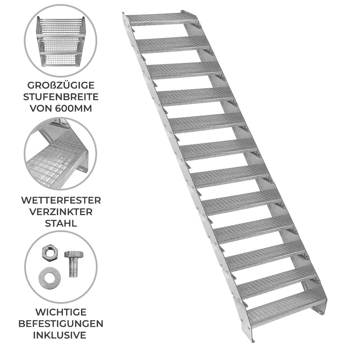 Verstellbare Treppe aus wetterfestem verzinktem Stahl mit großzügigen 600mm breiten Stufen, ideal für verschiedene Anwendungen und stabilen Halt