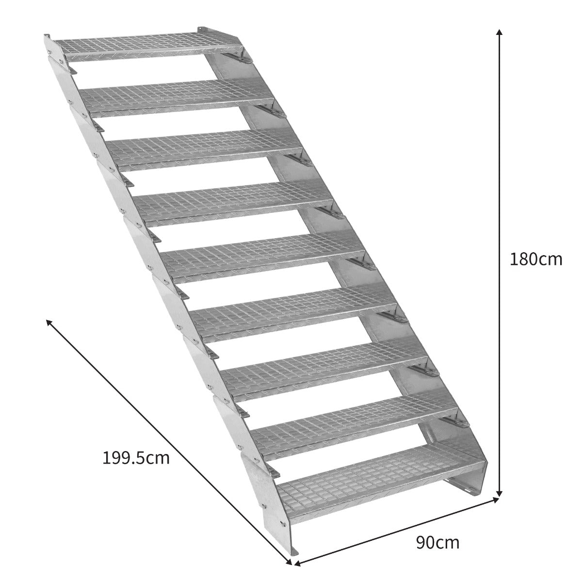 Verstellbare Treppe aus verzinktem Stahl, 900mm breit, mit rutschfesten Stufen und stabiler Konstruktion, ideal für verschiedene Anwendungen