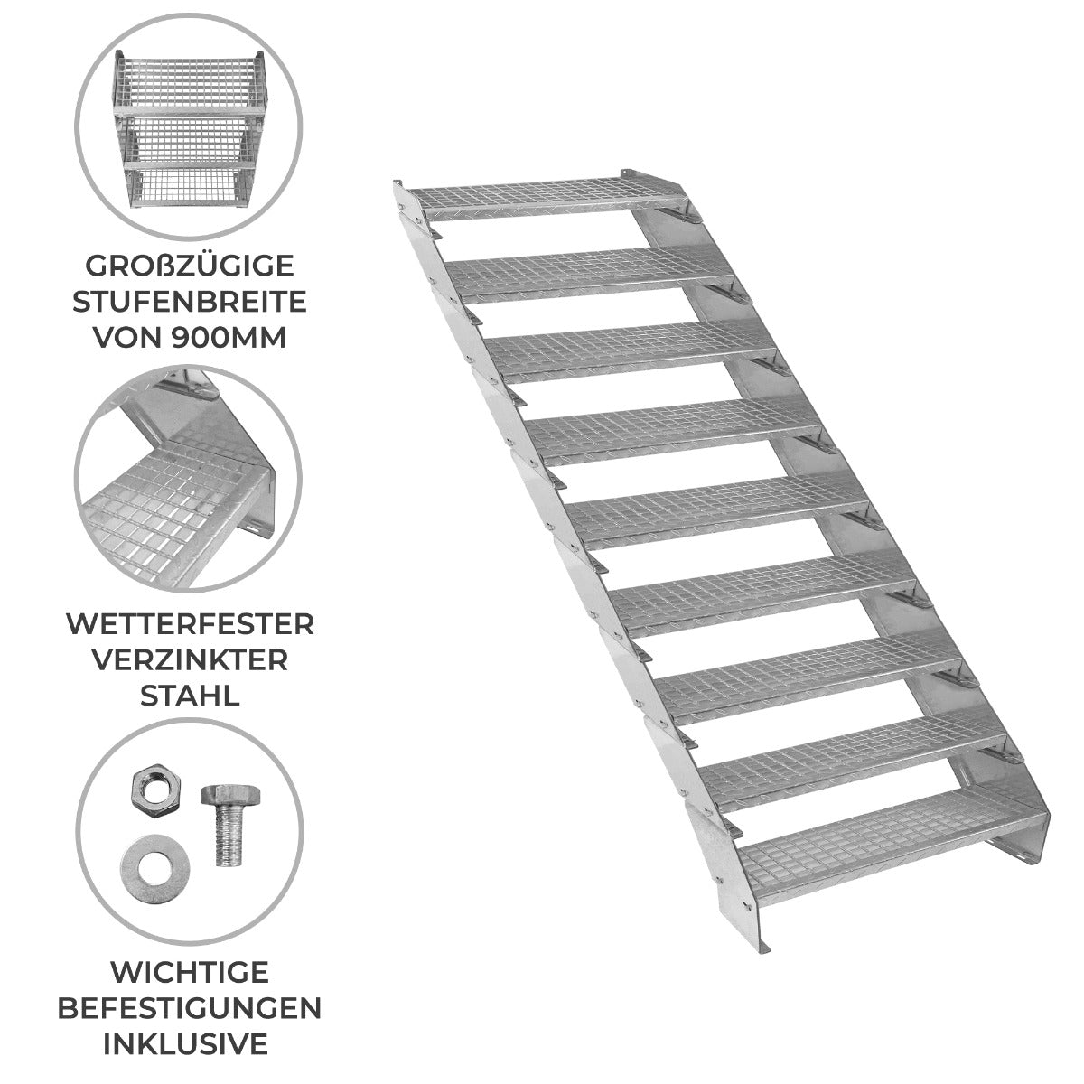 Verstellbare Treppe aus verzinktem Stahl mit großzügigen, rutschfesten Stufen, 900 mm breit, ideal für verschiedene Anwendungen und wetterfest