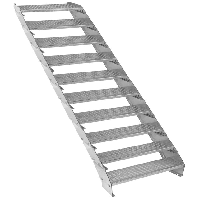 Verstellbare Treppe aus verzinktem Stahl mit zehn Stufen, 900 mm breit, rutschfeste Oberfläche und robuste Konstruktion für sicheren Zugang