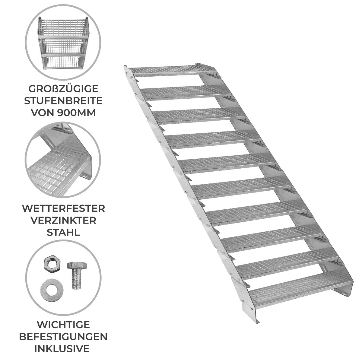 Verstellbare Treppe aus verzinktem Stahl mit 900 mm breiten Stufen, rutschfester Oberfläche und robustem Design, ideal für verschiedene Anwendungen