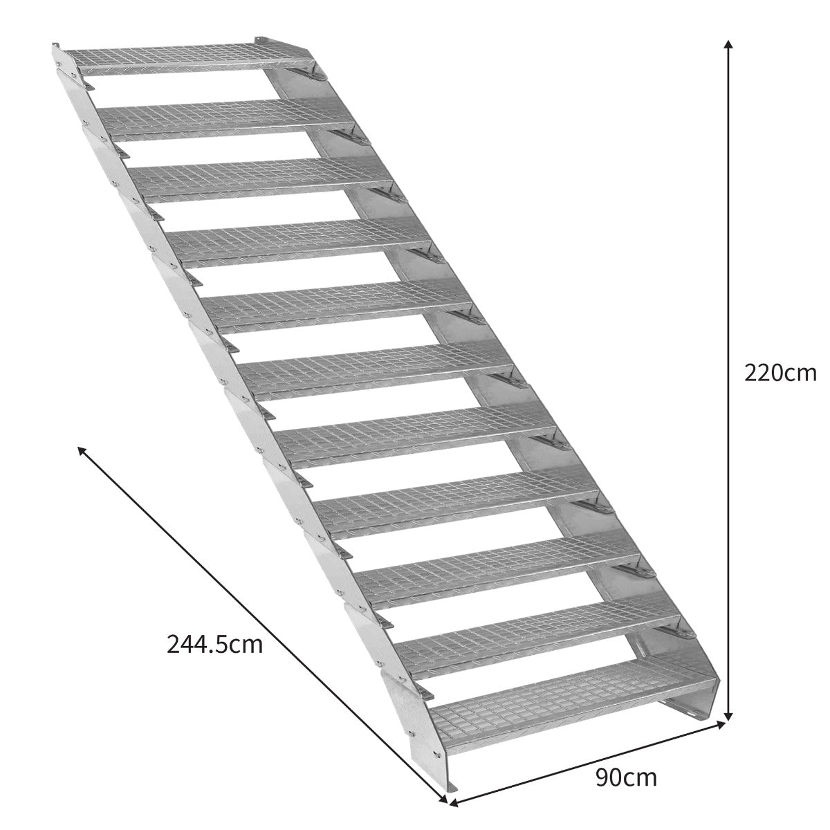 Verstellbare, elfteilige Treppe aus verzinktem Stahl, 900 mm breit, mit rutschfesten Stufen und robustem, langlebigem Design, ideal für verschiedene Anwendungen