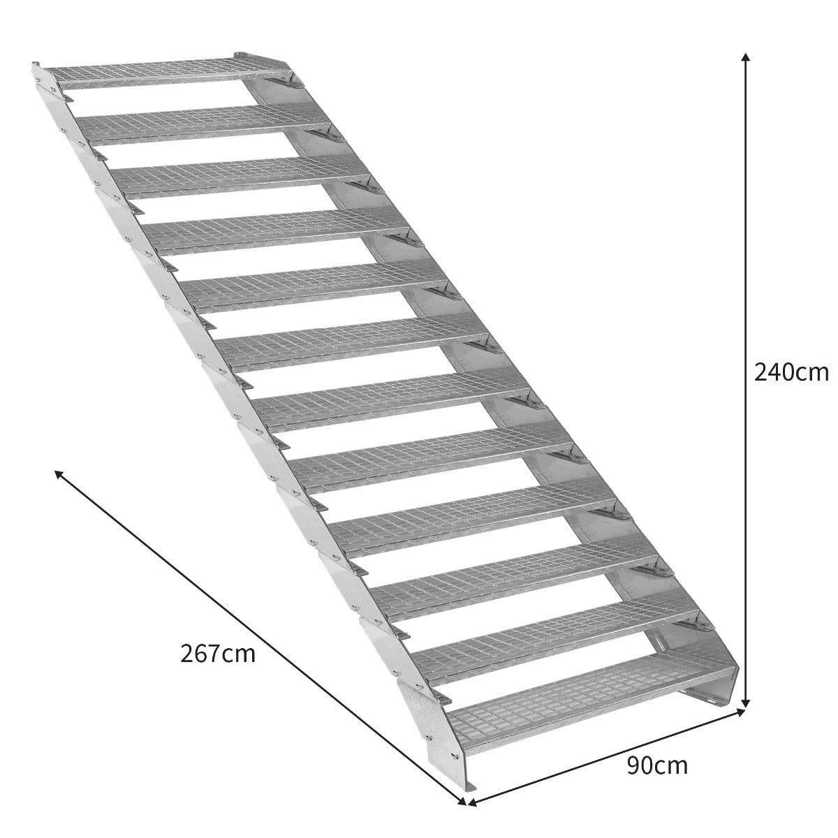 Verstellbare Treppe aus verzinktem Stahl, 900 mm breit, mit rutschfesten Stufen und robustem Design, ideal für verschiedene Anwendungen