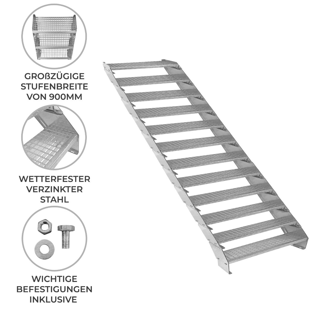 Verstellbare Treppe aus wetterfestem verzinktem Stahl mit großzügigen 900 mm breiten Stufen und stabilen Befestigungen, ideal für verschiedene Anwendungen