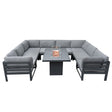 Modulares Gartenlounge-Set in Grau mit weichen Polstern und integrierter Feuerstelle, ideal für entspannte Abende im Freien