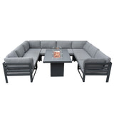 Modulares Gartenlounge-Set in Grau mit weichen Polstern und integrierter Feuerstelle, ideal für entspannte Abende im Freien