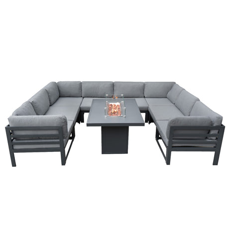Modulares Gartenlounge-Set in Grau mit weichen Polstern und integrierter Feuerstelle, ideal für entspannte Abende im Freien