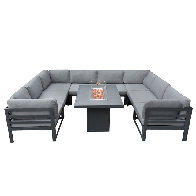 Modulares Gartenlounge-Set in Grau mit weichen Polstern und integrierter Feuerstelle, ideal für entspannte Abende im Freien