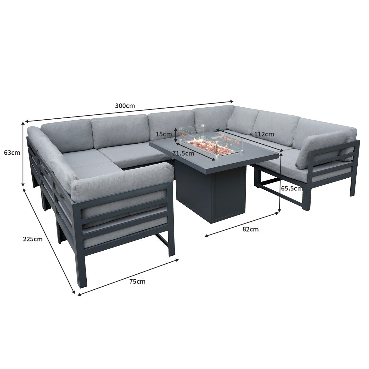 Modulares Gartenlounge-Set in Grau mit weichen Polstern, integrierter Feuerstelle und robustem Aluminiumrahmen, ideal für entspannte Abende im Freien