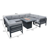 Modulares Gartenlounge-Set in Grau mit weichen Polstern, integrierter Feuerstelle und robustem Aluminiumrahmen, ideal für entspannte Abende im Freien