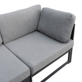 Beige-graues, modulares Gartenlounge-Set mit weichen Kissen und robustem schwarzem Metallrahmen, ideal für entspannte Abende im Freien