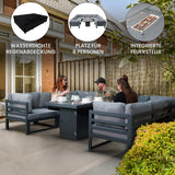 Modulares Gartenlounge-Set mit grauem Polster, Platz für 8 Personen, integrierte Feuerstelle und wasserdichte Regenabdeckung, ideal für den Außenbereich