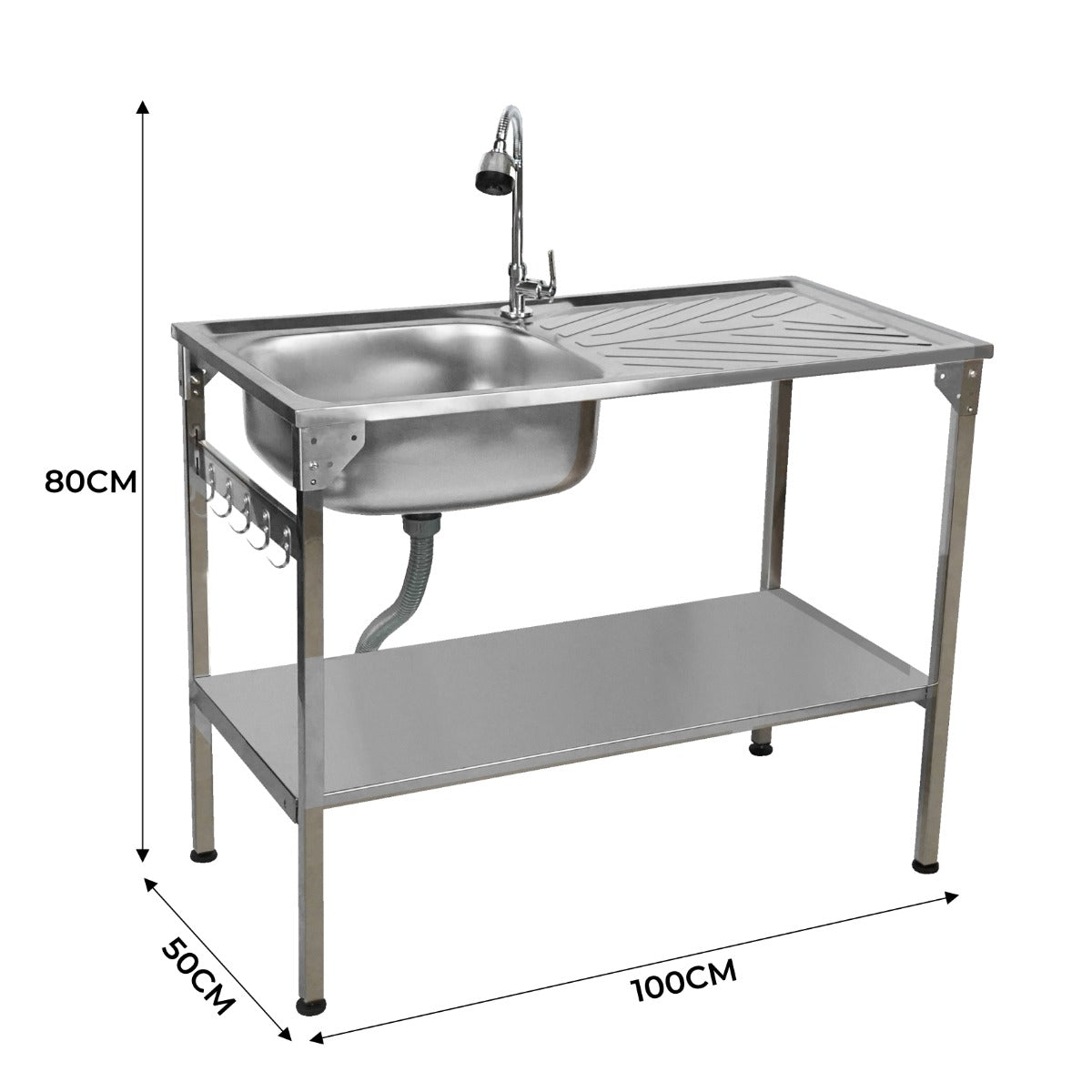 Faltbarer Camping-Spültisch aus Edelstahl mit einer großen Spüle, abgerundeten Kanten, einem praktischen Ablagebereich und einem modernen Wasserhahn