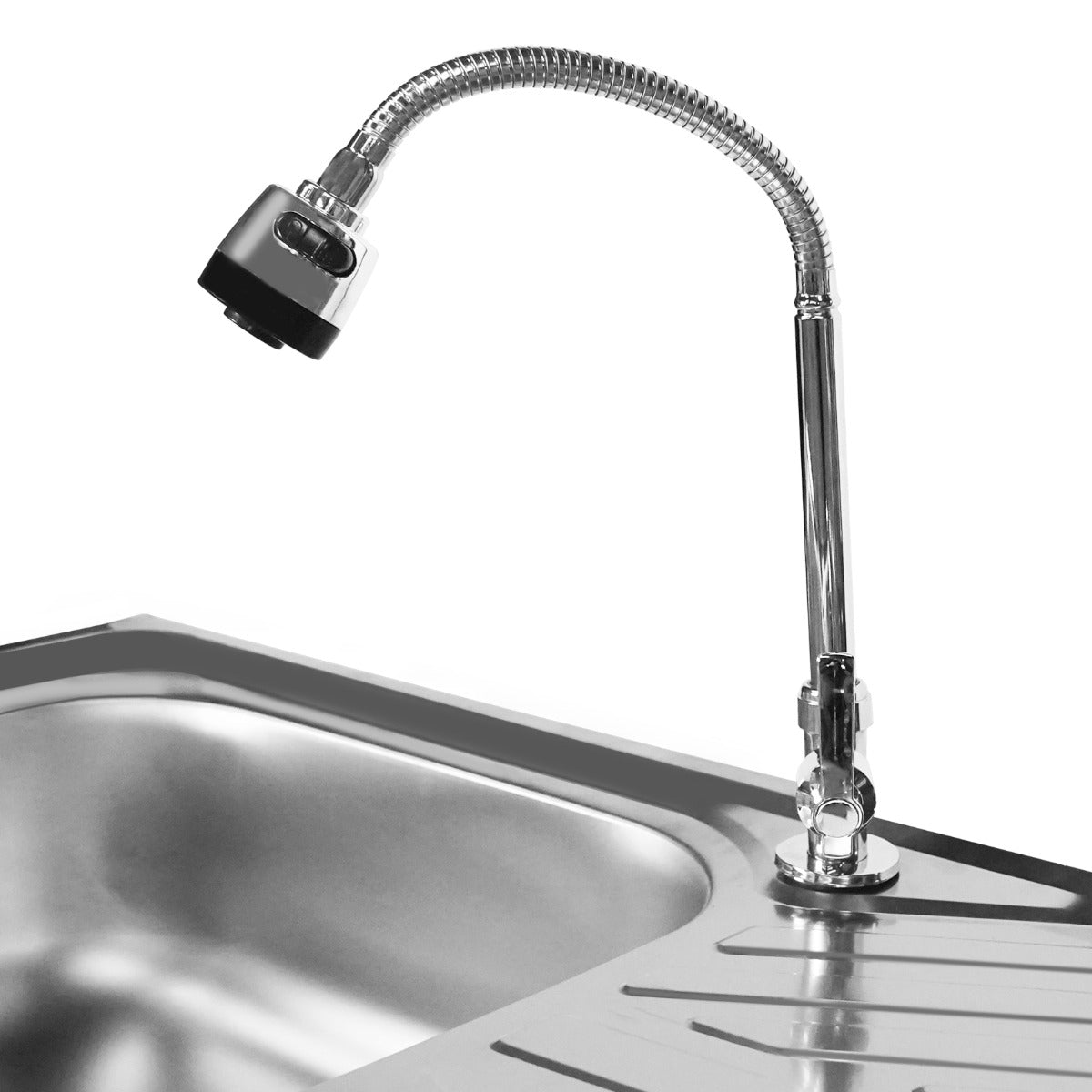 Faltbarer Camping-Spültisch aus Edelstahl mit flexibler, verchromter Armatur und glänzender Oberfläche, ideal für Outdoor-Aktivitäten