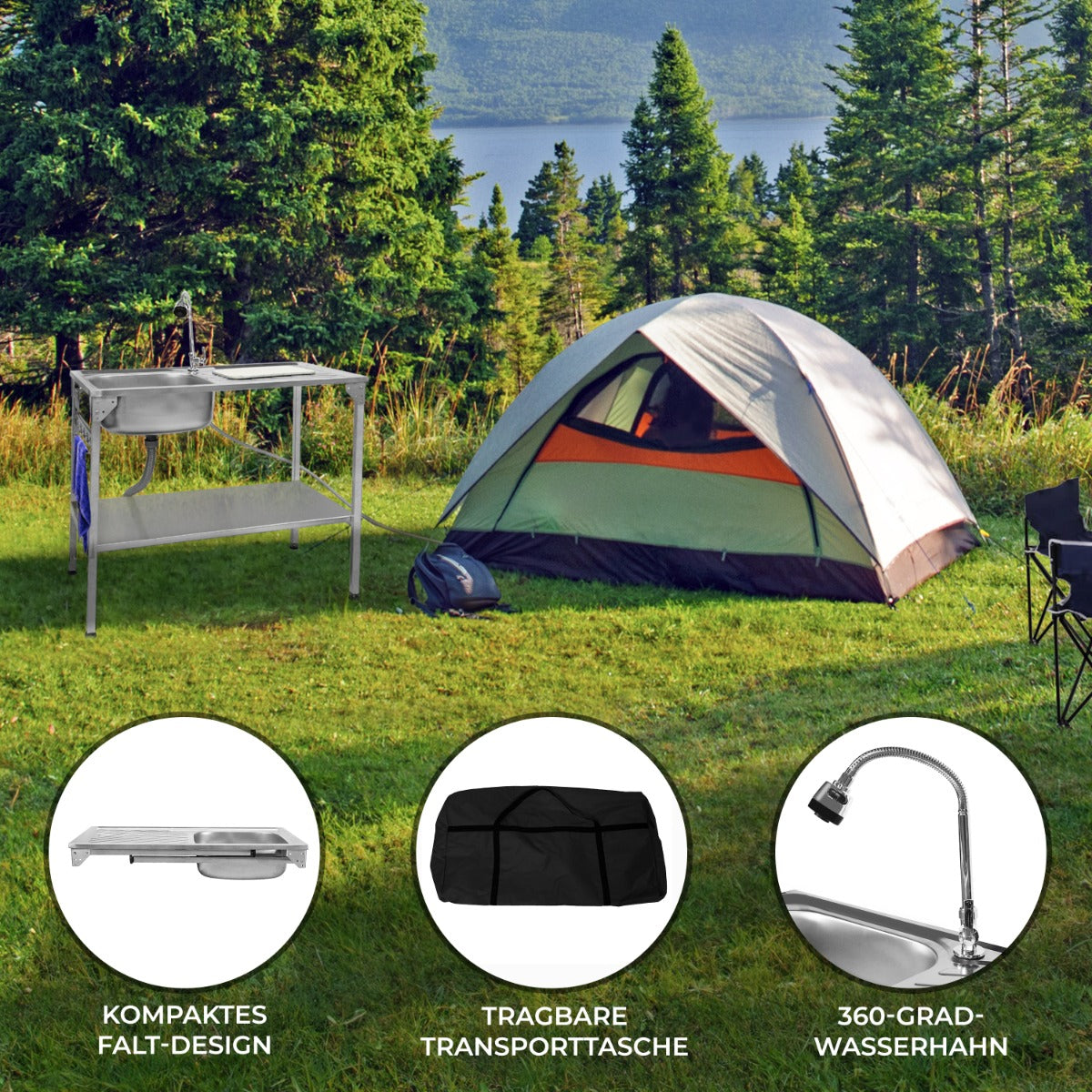 Faltbarer Camping-Spültisch aus Edelstahl mit kompaktem Design, inklusive tragbarer Tasche, vor einem Zelt in einer grünen Waldlandschaft