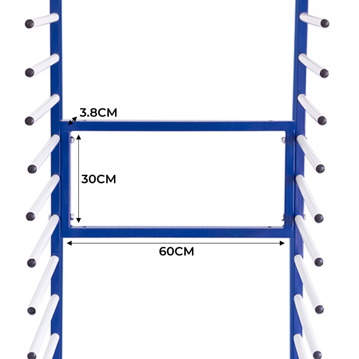 Kombi-Trocknungswagen mit zwei Anschlussstücken, blauer Metallrahmen, weiße, rutschfeste Stangen, Maße 60 cm Breite und 30 cm Höhe, ideal für effizientes Trocknen