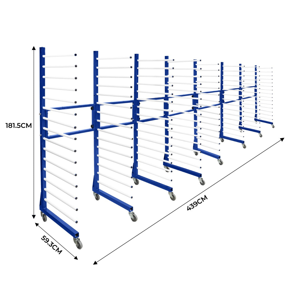 Kombi-Trocknungswagen in Blau mit weißen Stangen, 4-fach, 181,5 cm hoch, 43 cm breit, ideal für effizientes Trocknen von Wäsche, mobil mit Rollen
