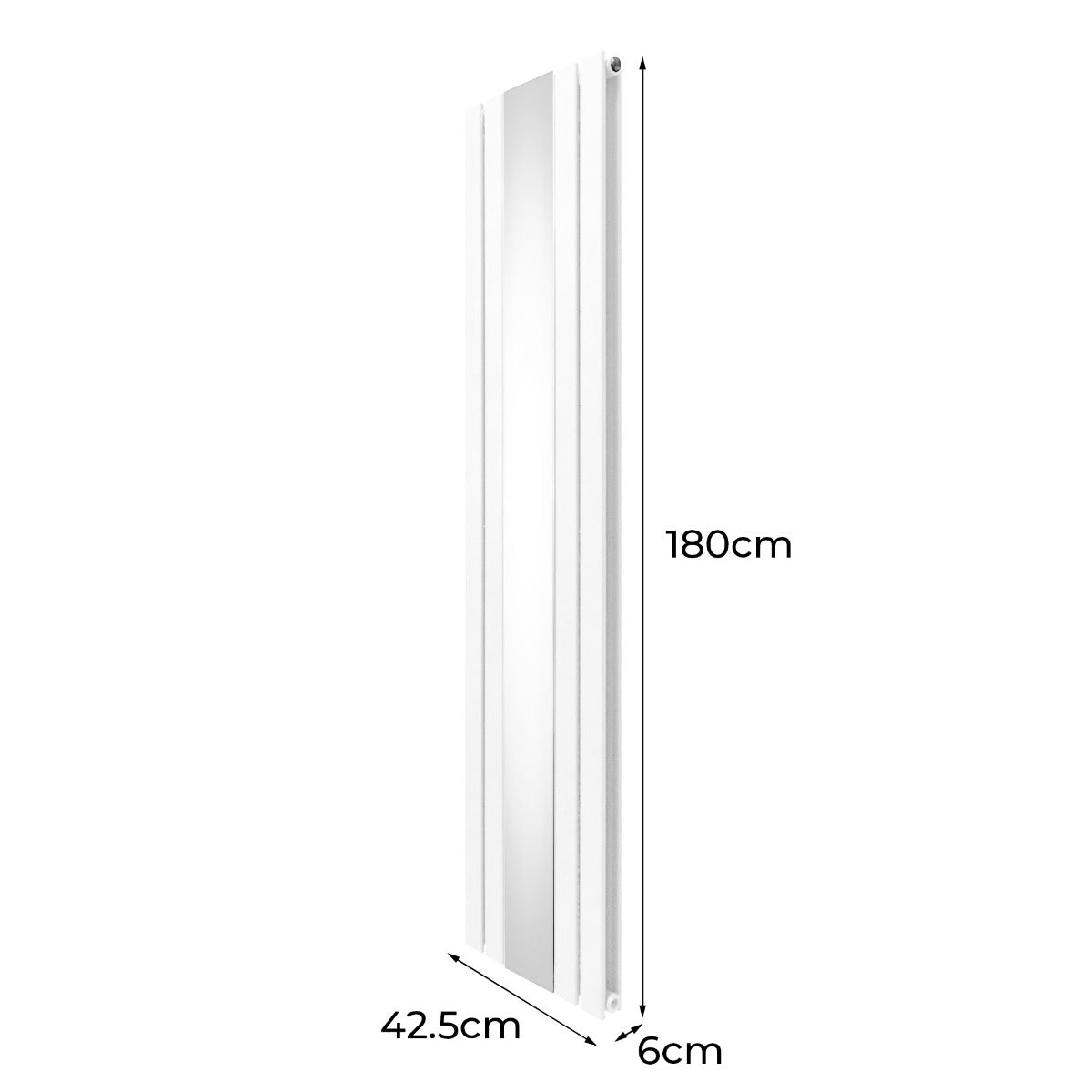 Eleganter weißer Heizkörper mit integriertem Spiegel, 180 cm hoch und 42,5 cm breit, schlankes Design und glatte Oberfläche für moderne Räume