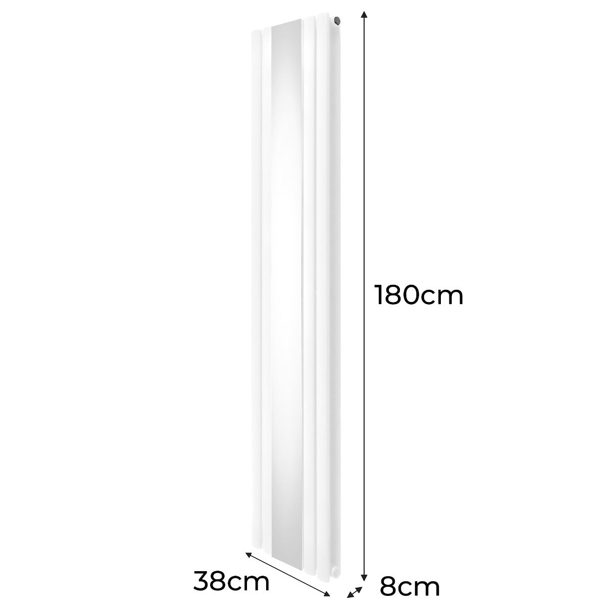 Ovaler weißer Röhrenheizkörper mit integriertem Spiegel, 1800mm hoch und 380mm breit, elegantes Design und glatte Oberfläche für moderne Badezimmer